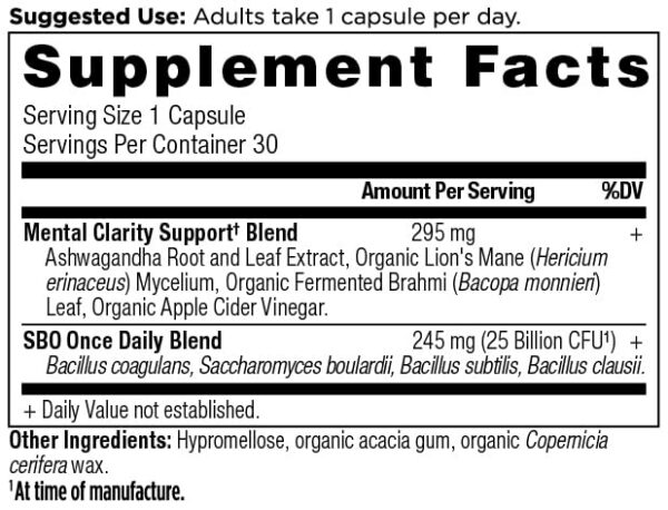 Etiqueta frontal probióticos Ancient Nutrition para concentración