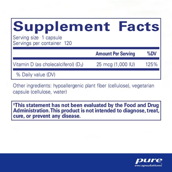 Etiqueta frontal Pure Encapsulations Vitamina D3 suplemento 120 cápsulas