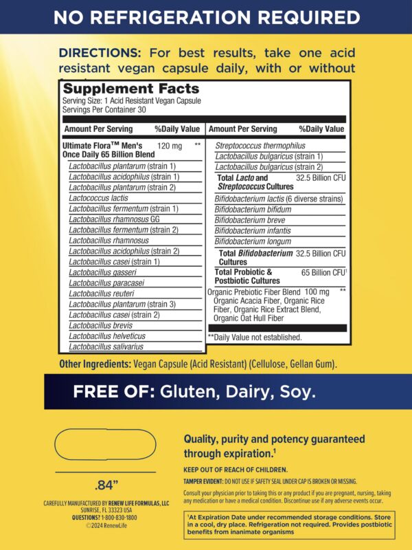 Etiqueta frontal de Renew Life Ultimate Flora probióticos veganos 30 cápsulas