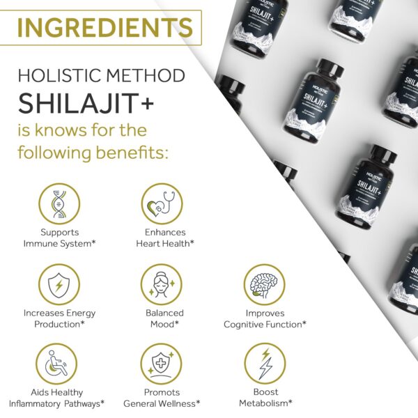 Etiqueta frontal Shilajit Holistic Method cápsulas energía y salud