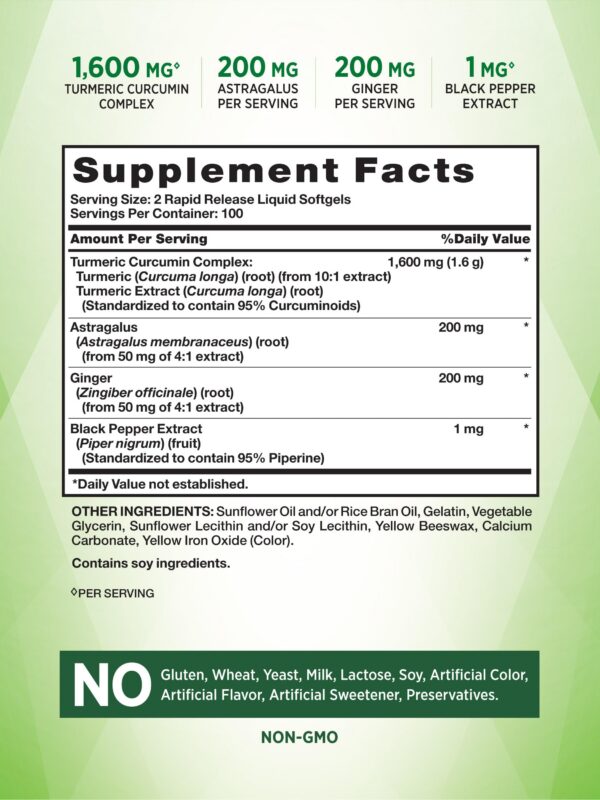 Etiqueta frontal suplemento cúrcuma Nature's Truth 200 softgels