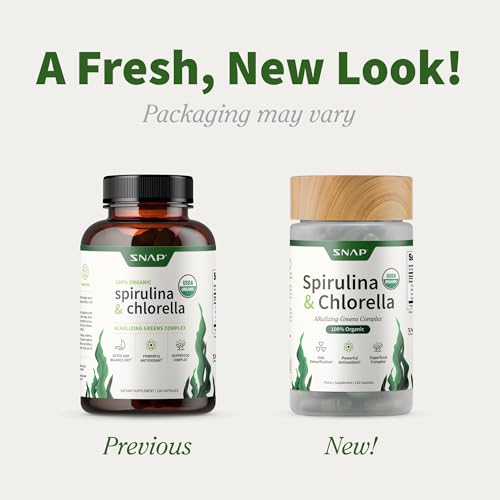 Etiqueta frontal suplemento espirulina chlorella Snap Supplements