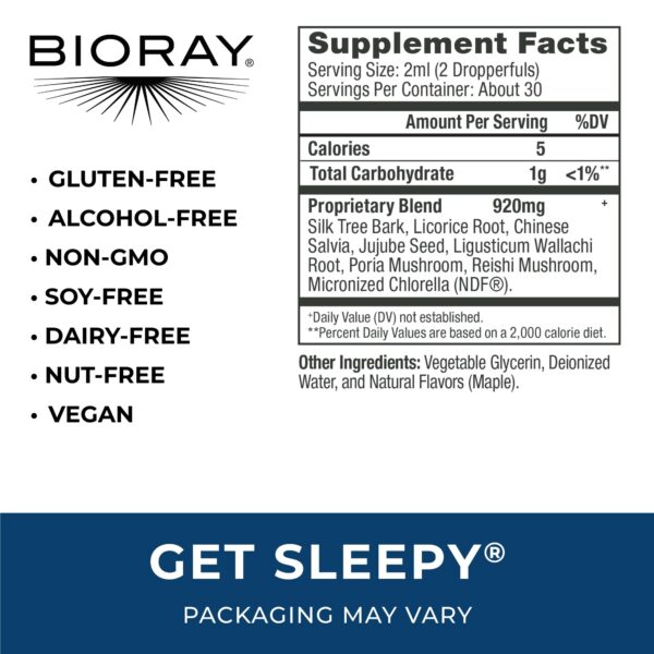Etiqueta frontal suplemento BIORAY Get Sleepy 2 oz