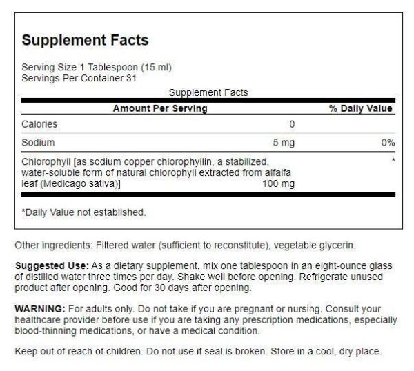 Version 1.0.0 Etiqueta frontal suplemento de clorofila líquida Swanson en botella