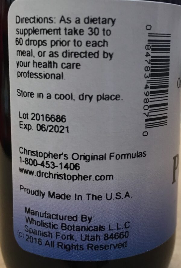 Etiqueta frontal suplemento Dr Christopher fórmula páncreas