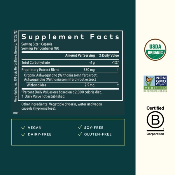 Version 1.0.0 Etiqueta frontal suplemento Gaia Herbs raíz de ashwagandha
