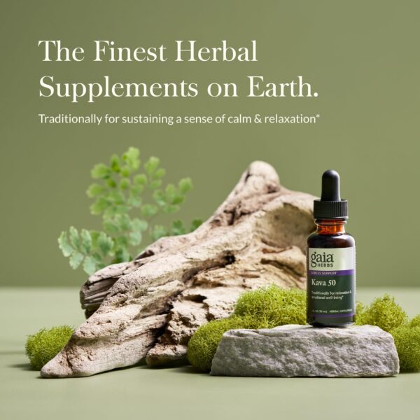 Etiqueta frontal suplemento Gaia Herbs Kava Root extra fuerza