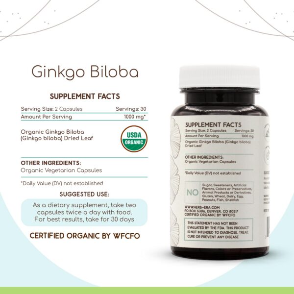 Etiqueta frontal suplemento Ginkgo Biloba orgánico Herbera 60 cápsulas