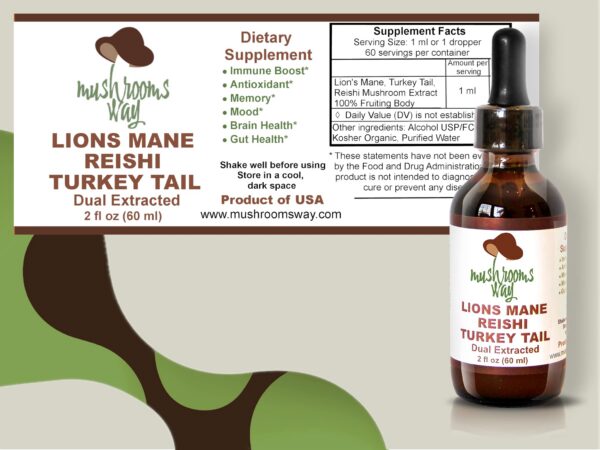 Version 1.0.0 Etiqueta frontal suplemento de hongos Lions Mane Reishi Turkey Tail
