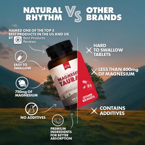Etiqueta frontal suplemento magnesio taurato Natural Rhythm