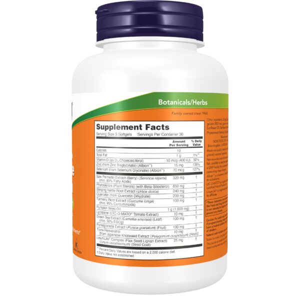 Version 1.0.0 Etiqueta frontal suplemento próstata NOW con saw palmetto y licopeno