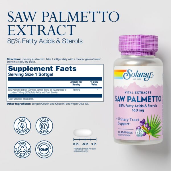 Etiqueta frontal suplemento Saw Palmetto SOLARAY salud próstata hombre