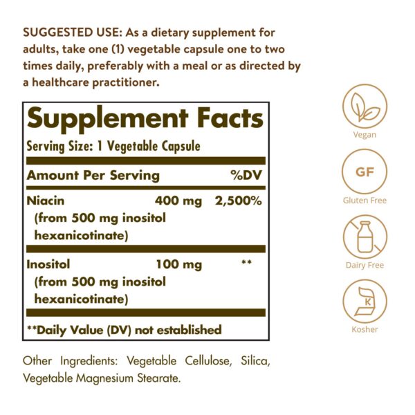 Etiqueta frontal suplemento Solgar Niacina sin enrojecimiento