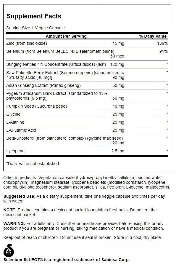 Etiqueta frontal suplemento Swanson Prostate Plus para hombres