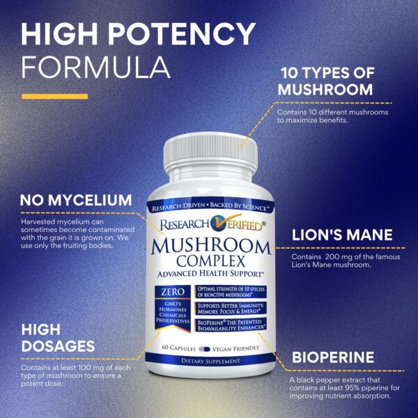 Frasco detalle etiqueta con 10 hongos medicinales Research Verified