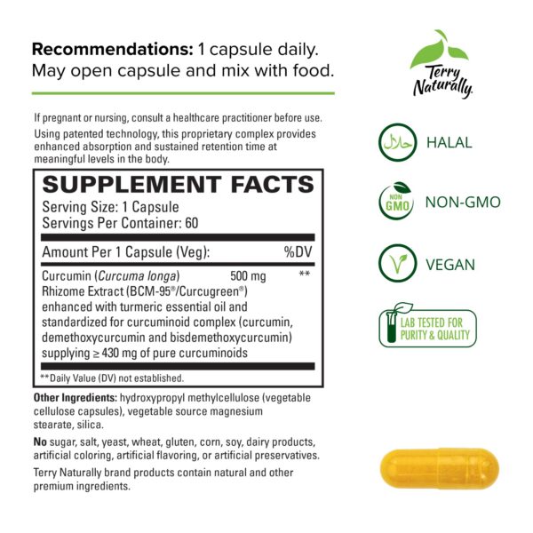 Etiqueta frontal Terry Naturally CuraMed 500mg con antioxidantes