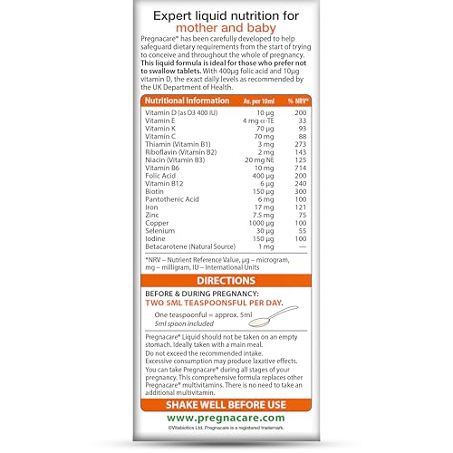 Etiqueta frontal Vitabiotics Pregnacare líquido suplemento