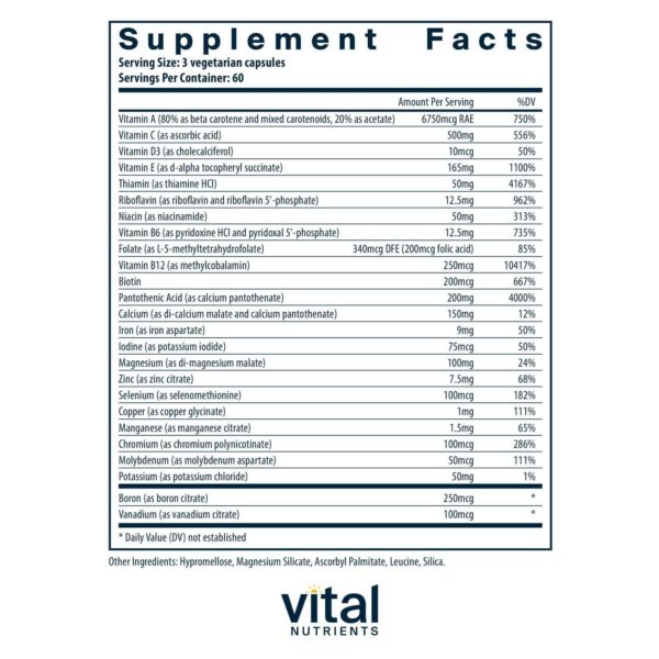 Etiqueta frontal Vital Nutrients multivitamínico