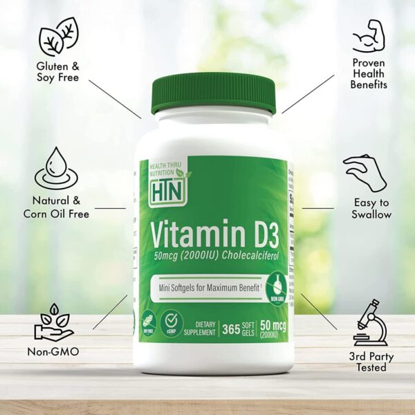 Etiqueta frontal suplemento vitamina D3 Health Thru Nutrition