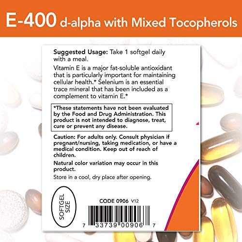 Etiqueta frontal suplemento vitamina E 400 UI Now Foods