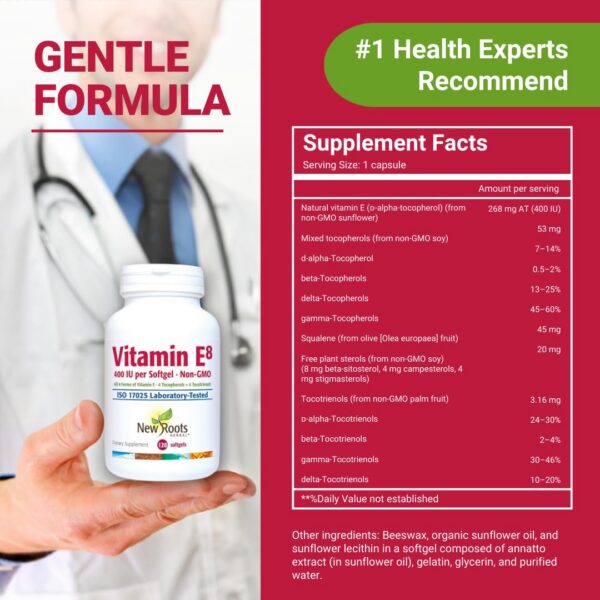 Etiqueta frontal suplemento vitamina E 8 tipos NEW ROOTS HERBAL
