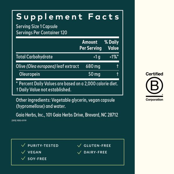 Etiqueta Gaia Herbs suplemento hojas de olivo