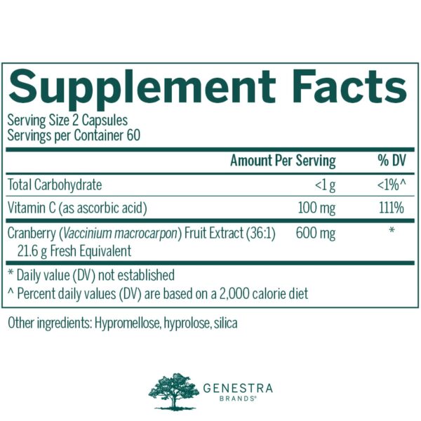 Etiqueta Genestra Cranberry Plus con ingredientes naturales