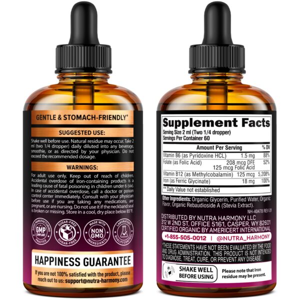 Etiqueta de gotas orgánicas complejo vitamina B y hierro Nutraharmony