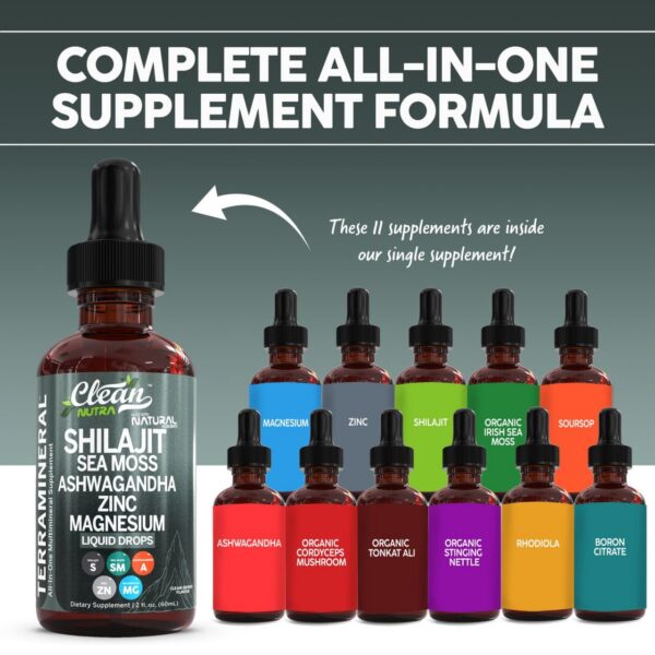 Etiqueta frontal de gotas de shilajit y vitaminas Clean Nutraceuticals