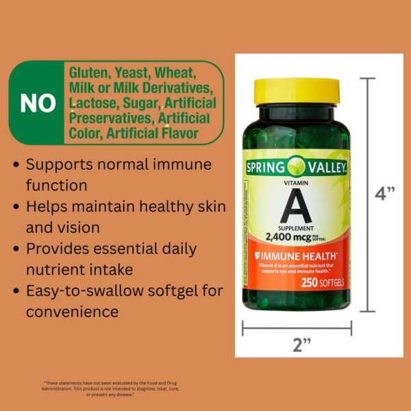 Etiqueta y guía incluida en suplemento Vitamina A Spring Valley