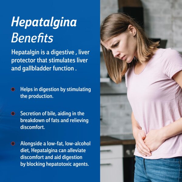 Etiqueta de suplemento Hepatalgina con ingredientes y beneficios