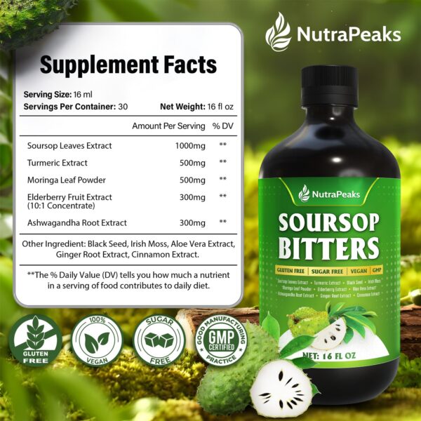 Version 1.0.0 Etiqueta frontal fórmula herbal detox NutraPeaks Soursop Bitters.