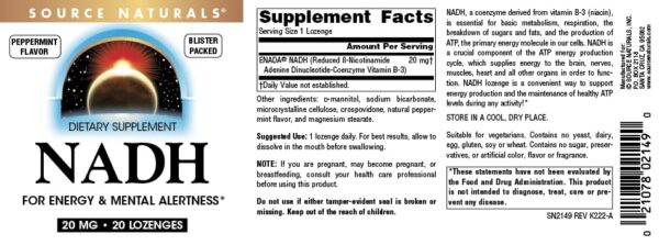 Etiqueta con información nutricional NADH Source Naturals