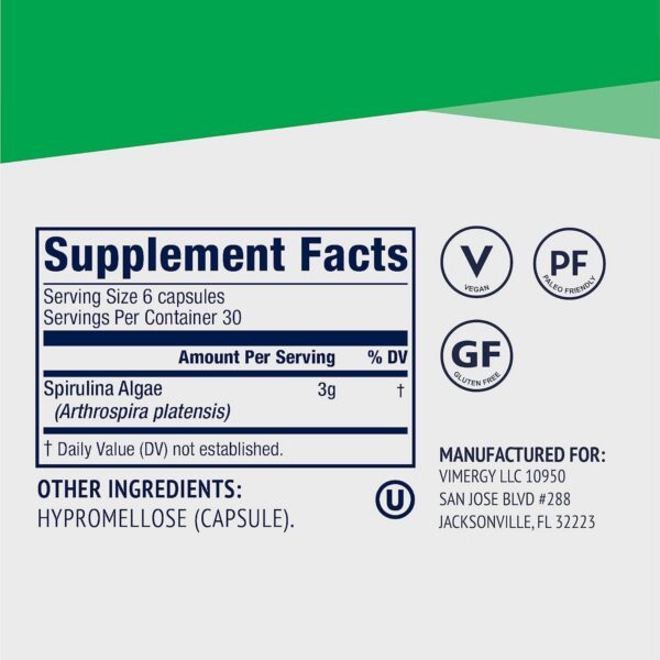 Version 1.0.0 Etiqueta con información nutricional Vimergy espirulina cápsulas
