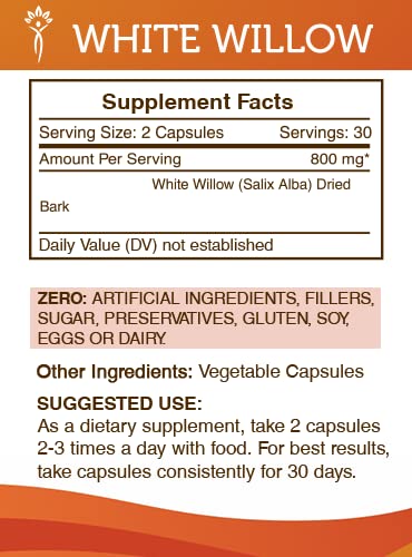 Etiqueta con información del suplemento Sauce Blanco