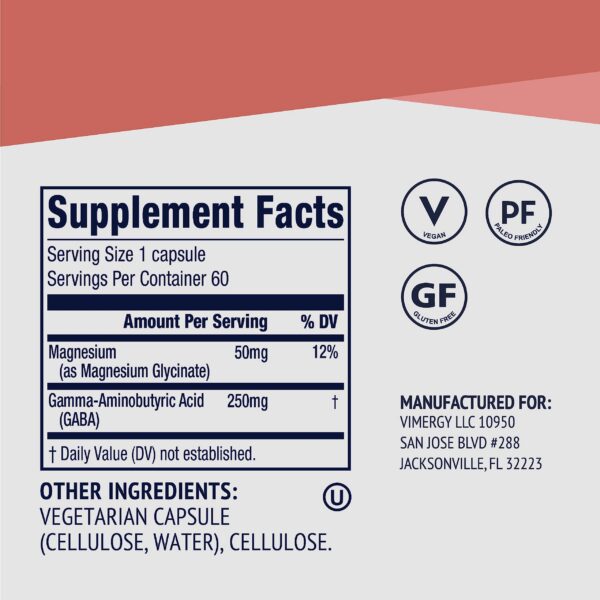 Informacion producto Vimergy GABA y Magnesio en etiqueta