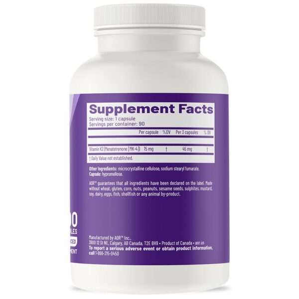 Etiqueta informativa AOR Peak K2 vitamina K2 suplemento
