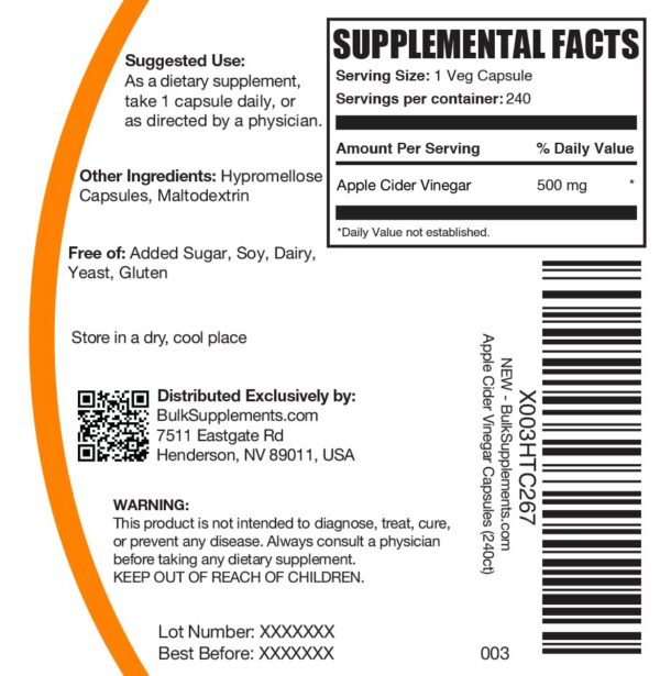 Etiqueta informativa BulkSupplements cápsulas ACV