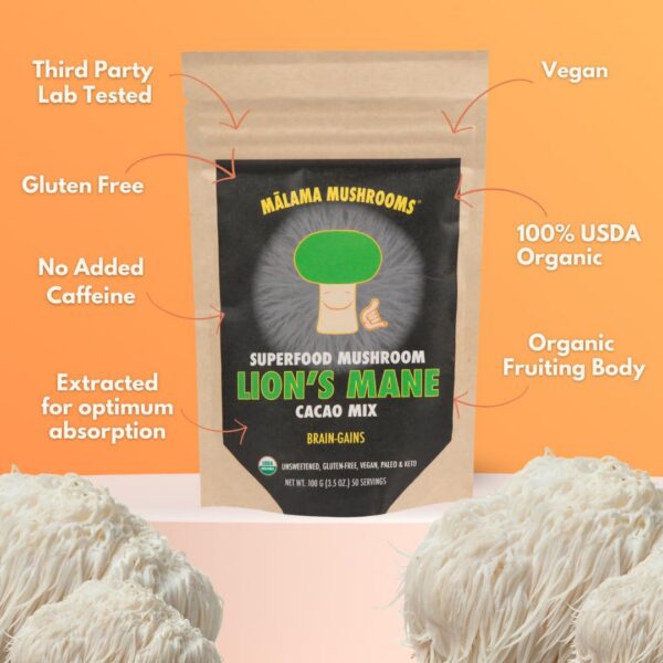 Etiqueta con ingredientes de mezcla de cacao y hongos Malama