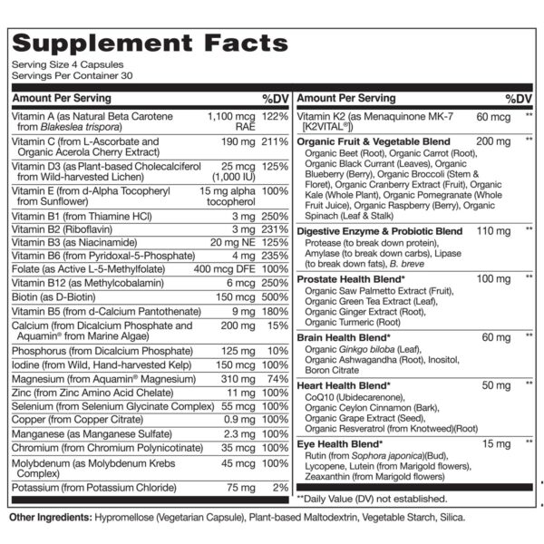 Etiqueta de ingredientes multivitamínico NATURELO para hombres 50 plus