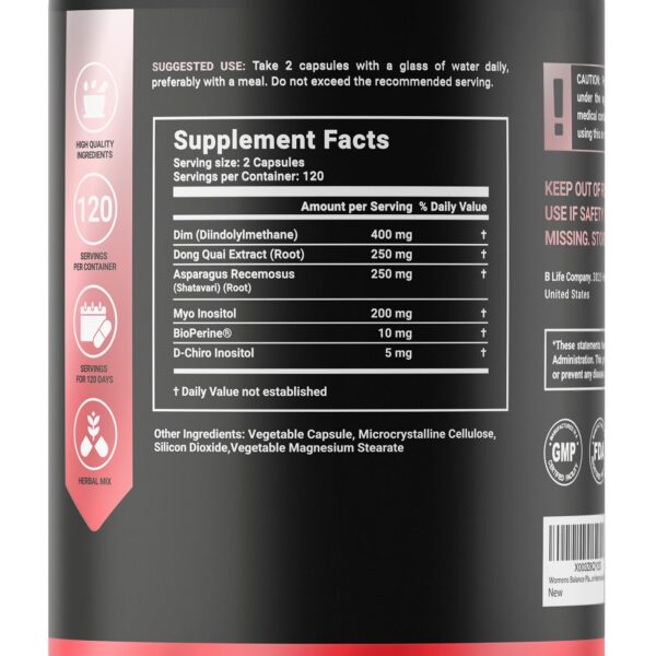Etiqueta con ingredientes del suplemento B Life Women's Balance