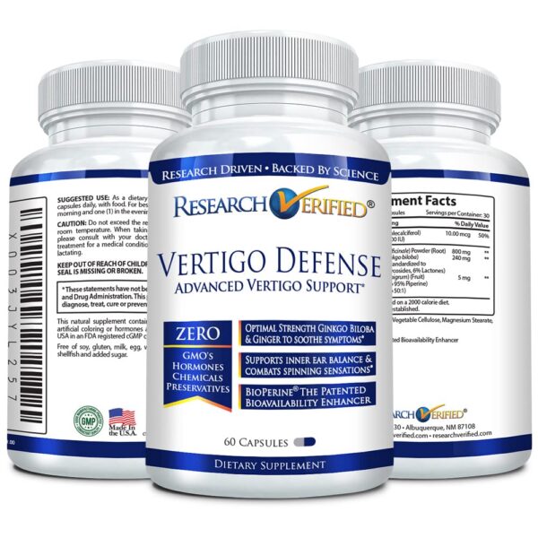 Etiqueta con ingredientes suplemento Vertigo Defense Research Verified