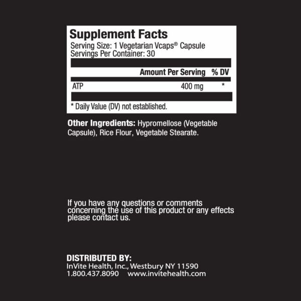 Etiqueta de suplemento Invite Health ATP Hx con ingredientes
