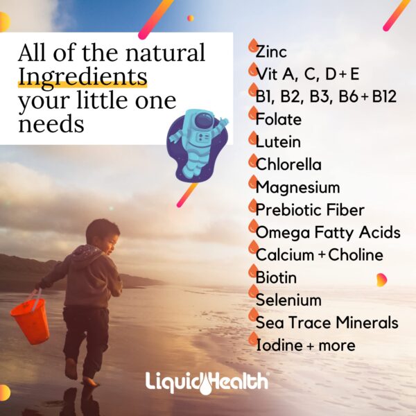 Etiqueta LIQUIDHEALTH vitaminas líquidas para niños sin alergenos