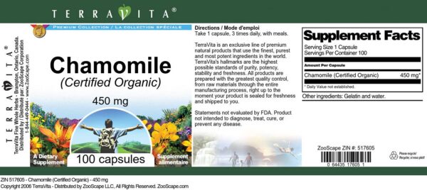 Etiqueta manzanilla orgánica TerraVita 450mg 100 cápsulas