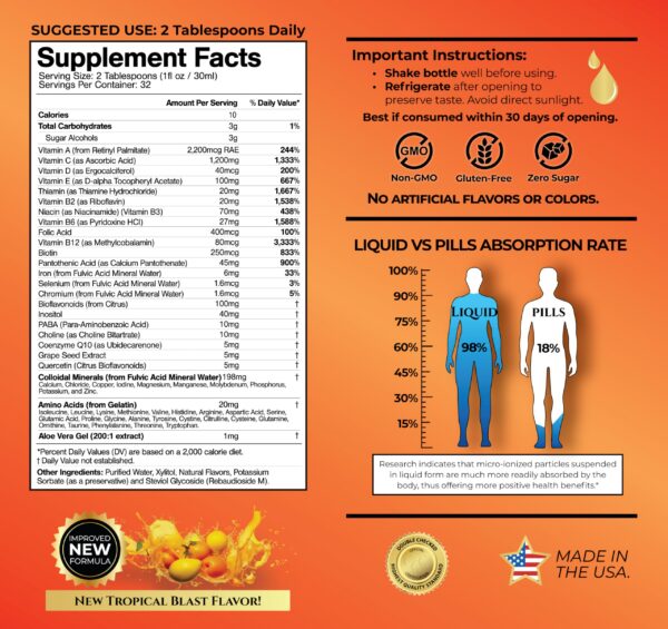 Etiqueta Mega Premium multivitamínico líquido Tropical Oasis