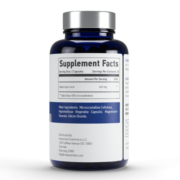 Etiqueta del frasco Meo Nutrition Alpha Lipoic Acid