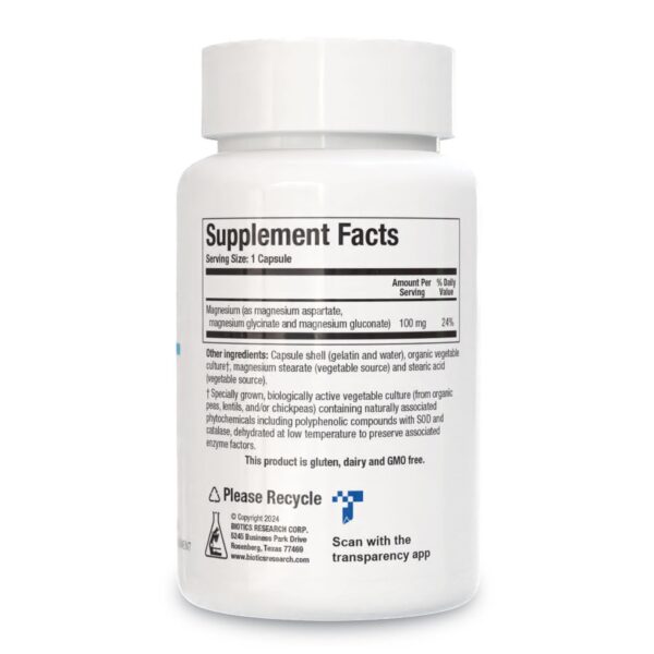 Etiqueta frasco Mg-Zyme triple complejo magnesio Biotics Research