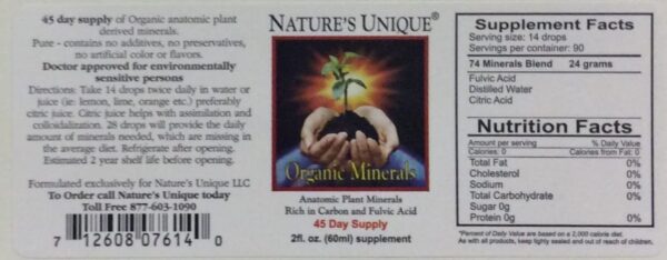 Etiqueta del producto Nature's Unique Organic Minerals
