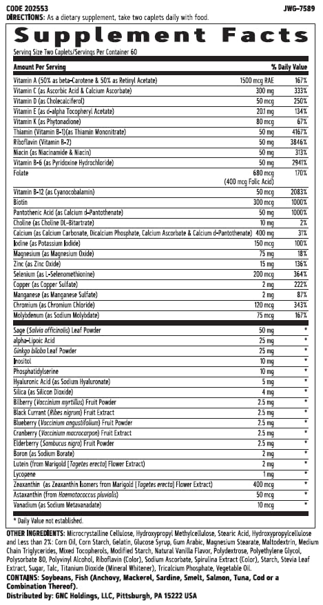 Frente etiqueta multivitamínicos GNC mujeres 50+